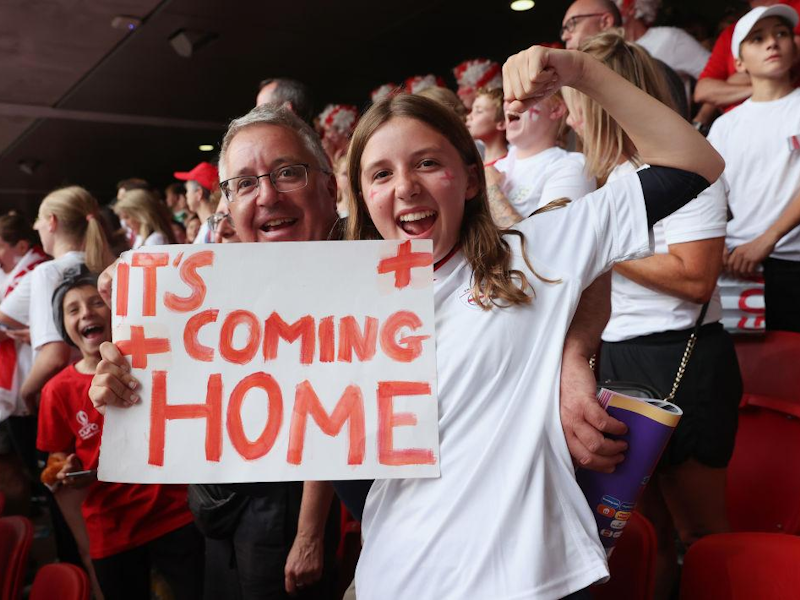 Football fans with sign which says It's coming HOME.