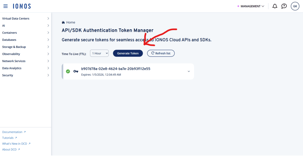 Generate access token in IONOS DCD