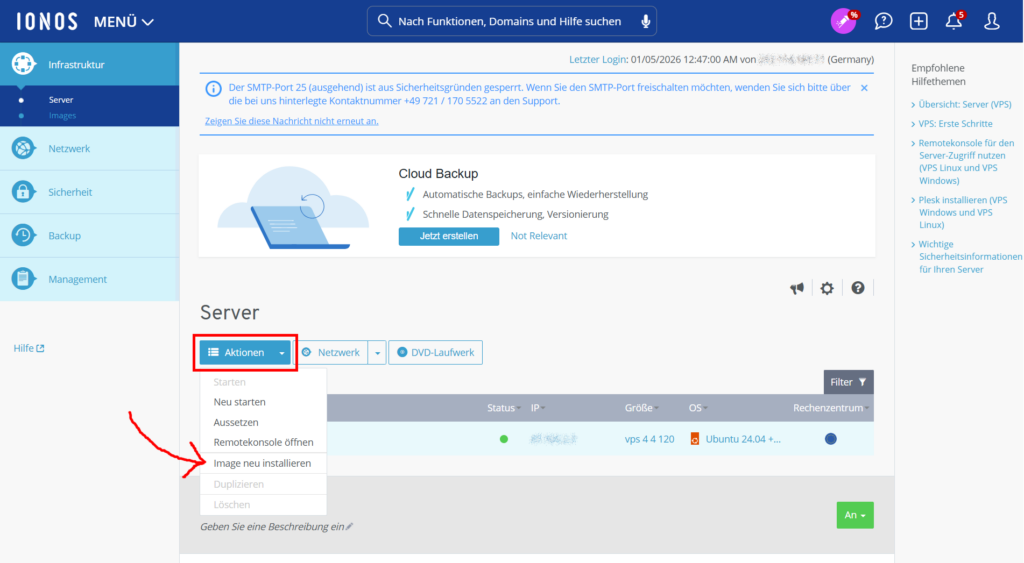 Reinstall image in the IONOS user interface
