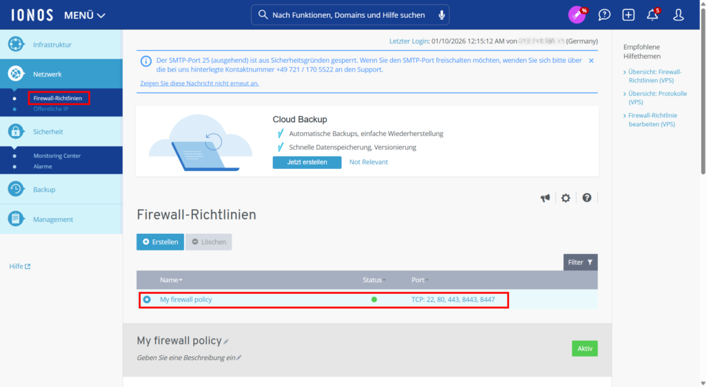 Firewall rule for n8n port 5678 on IONOS