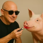 Bald man putting lipstick on a pig
