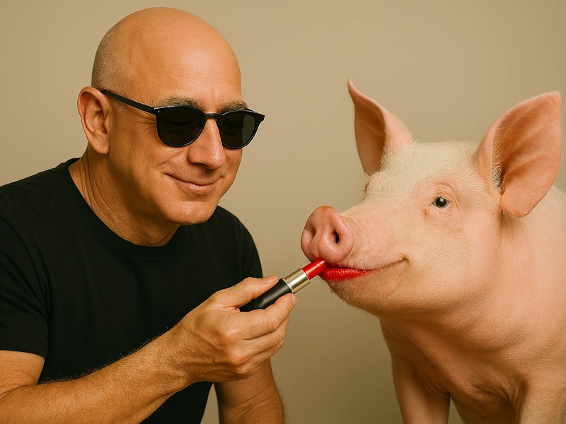 Bald man putting lipstick on a pig